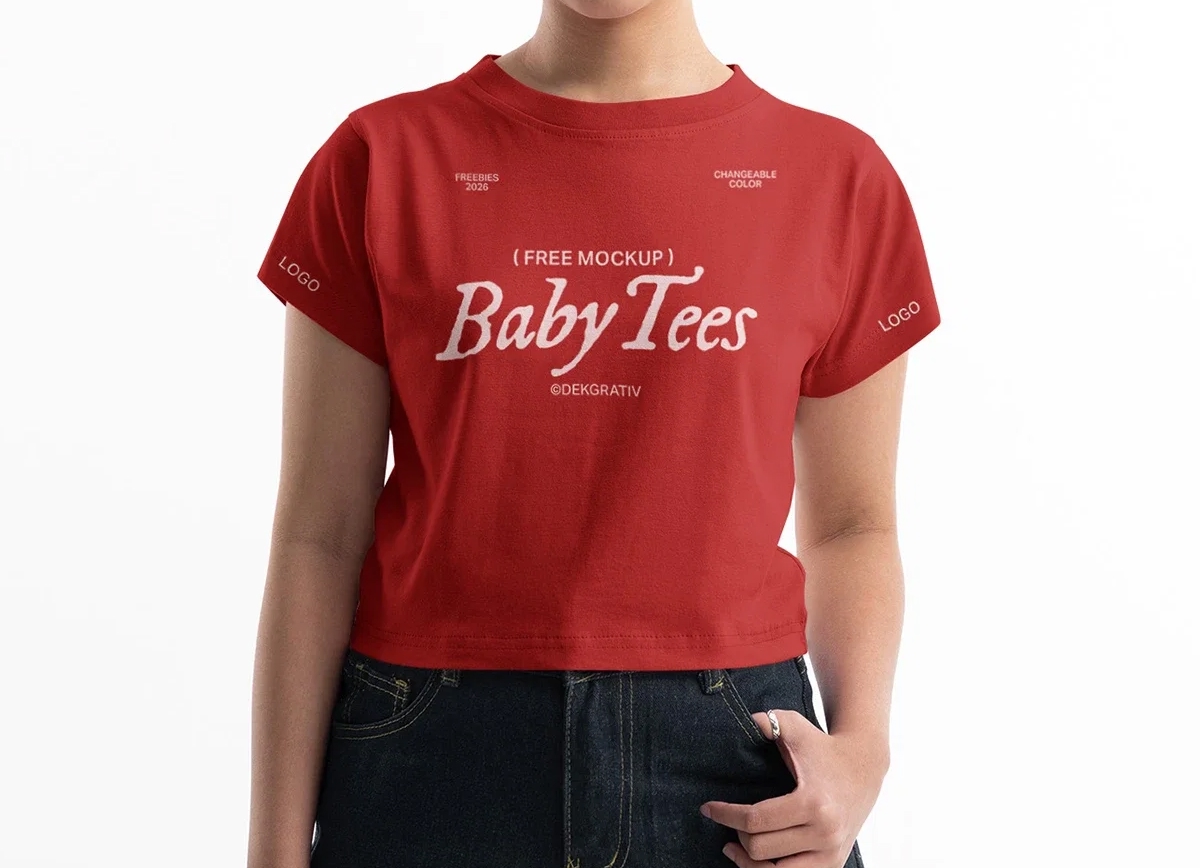 A fitted cropped women's baby tee displayed against a clean, minimal studio backdrop.