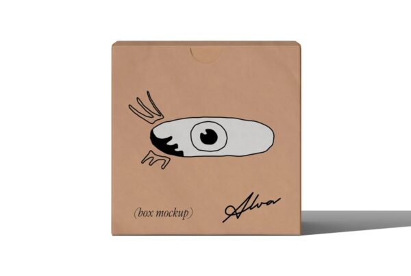 Front view of a square kraft cardboard box displaying custom black line drawings against a plain white background.