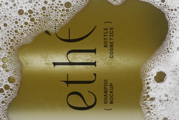 A close-up view of an olive-green cosmetic bottle surface framing black typography and surrounded by white soap foam.